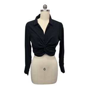 NWT Abercrombie & Fitch Black Twist Front Collared Crop Top Womens Small Preppy